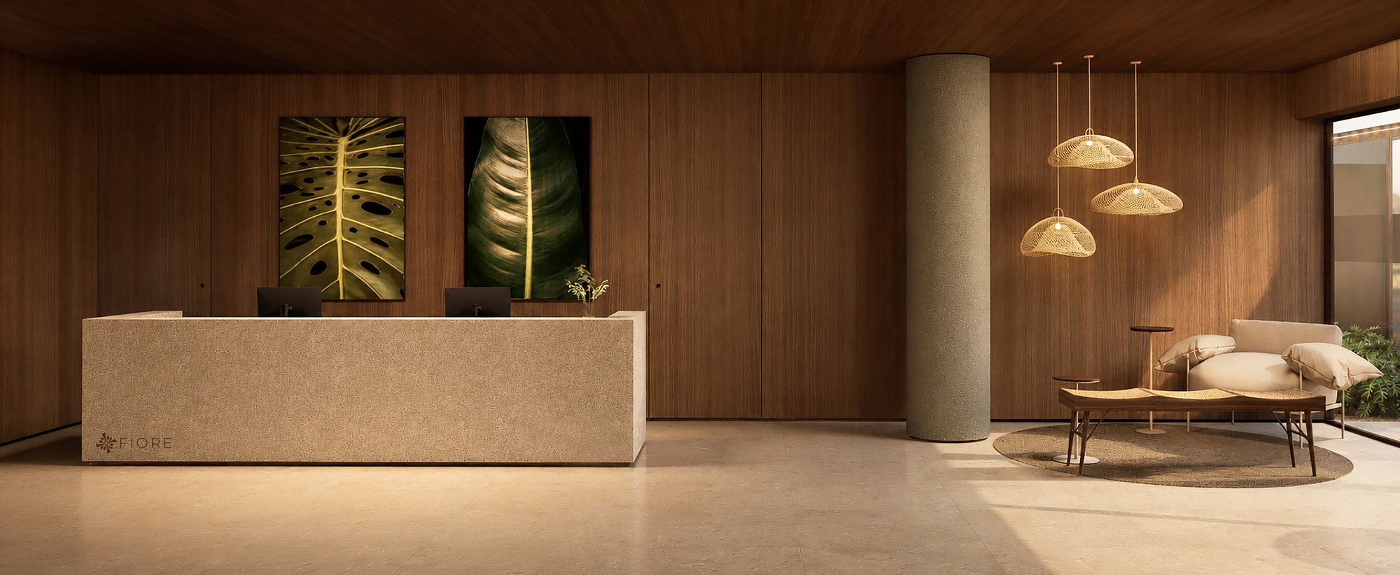 Lounge e portaria do Fiore Residences com iluminação quente